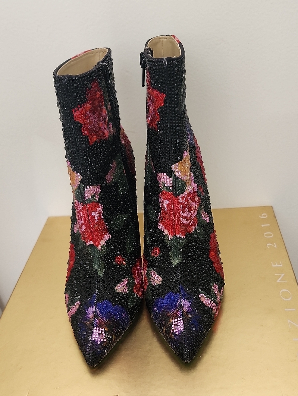 Black Floral Sequin Pointed-Toe Ankle Boots